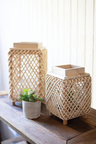 Set Of 2 Woven Rope And Wood Lanterns With Glass Insert (CLAN1095)