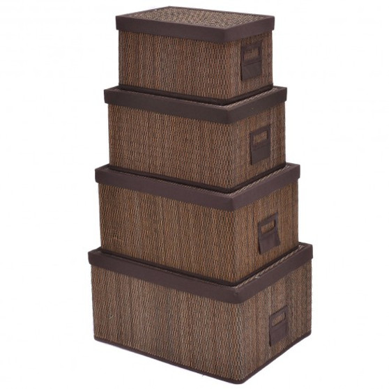 Set Of 4 Bamboo Storage Baskets Folding Organizer With Lids (HW52626)