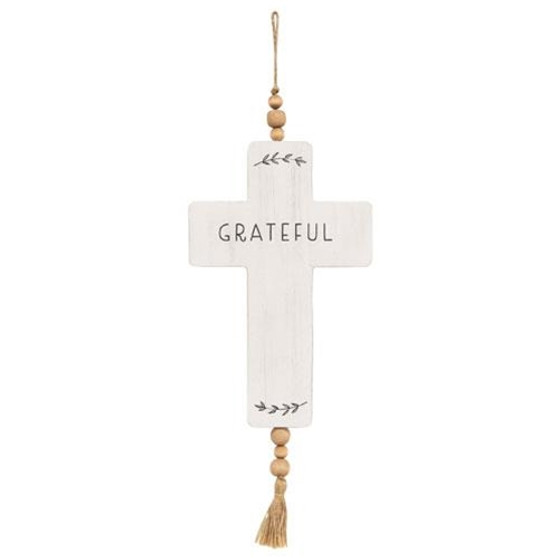 Grateful Cross Wood Ornament W/Beads & Tassel G91073