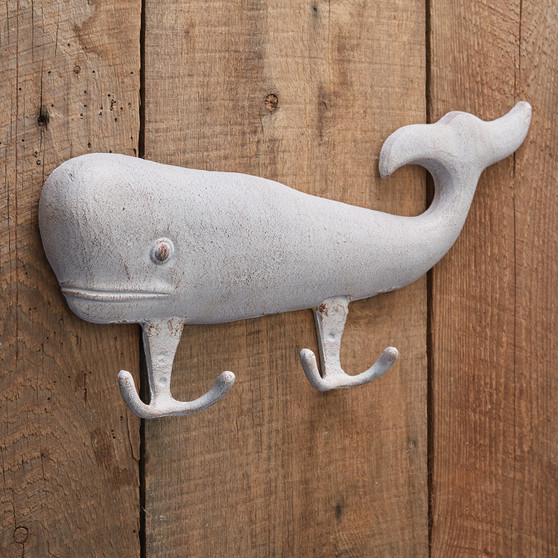 Whitewashed Cast Iron Whale With Double Hooks 370657