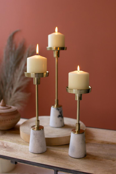 Set Of Three Brass Taper Candle Holders With Marble Bases (NTK1006)