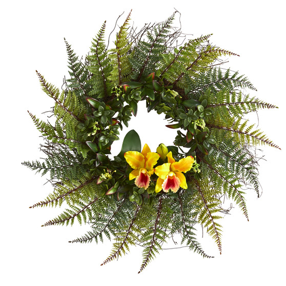 23" Assorted Fern And Cattleya Orchid Artificial Wreath - Yellow (4418-YL)