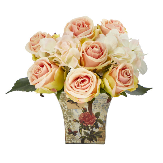8" Rose And Hydrangea Bouquet Artificial Arrangement In Floral Vase (A1436)