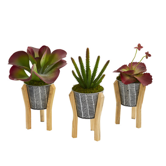 12" Succulent Artificial Plant In Tin Planter With Legs (Set Of 3) (P1151-S3)