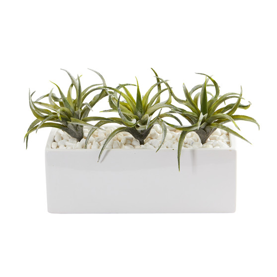 11" Air Plant Artificial Succulent In White Planter (P1276)