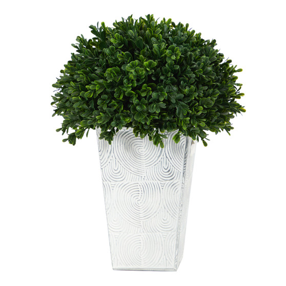 13" Boxwood Topiary Artificial Plant In Embossed White Planter UV Resistant (Indoor/Outdoor) (P1387)