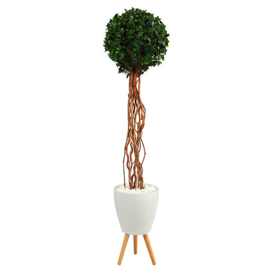 6' English Ivy Single Ball Artificial Topiary Tree In White Planter With Stand UV Resistant (Indoor/Outdoor) (T2230)