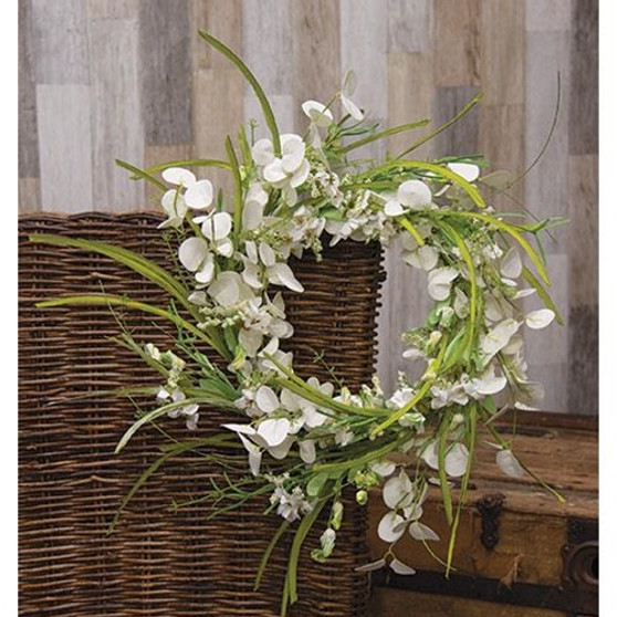 White Wild Flowers and Silver Dollar Wreath 22" FT28970