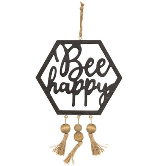 Bee Happy Hanging Wooden Cutout With Beaded Tassels G70097