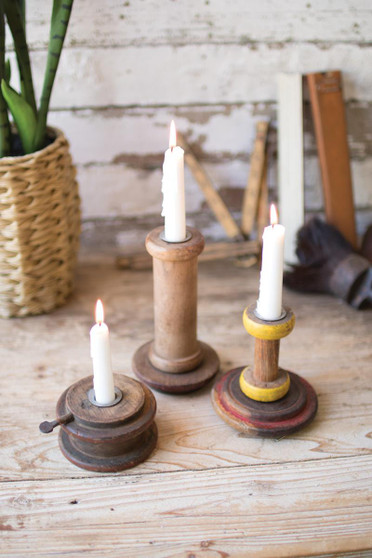 Set Of Three Repurposed Wooden Spool Taper Candle Holders (NMCC1071)