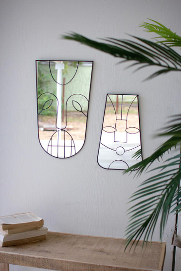 Set Of Two Antique Black Framed Tiki Face Mirrors (NVE1035)