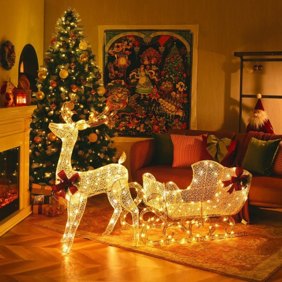 6 Feet Christmas Lighted Reindeer And Santa'S Sleigh Decoration With 4 Stakes (EU10025US)