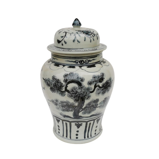 Indigo Porcelain Temple Jar Plants Motif Small (1254S-BW)