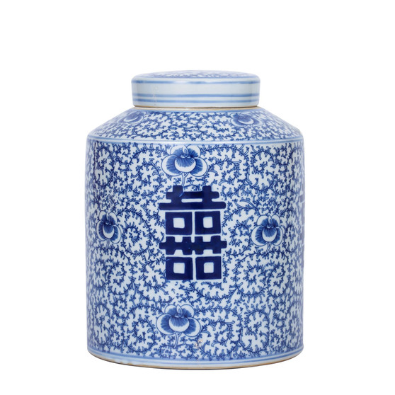Blue And White Blooming Double Happiness Tea Jar (1577B)