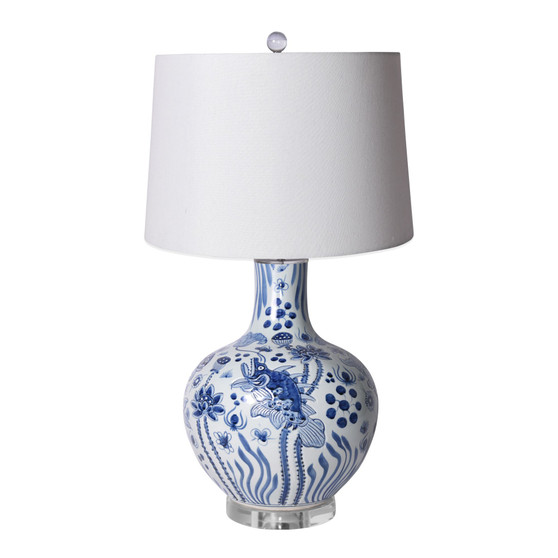 Blue And White Carved Fish Globe Lamp (L1898)