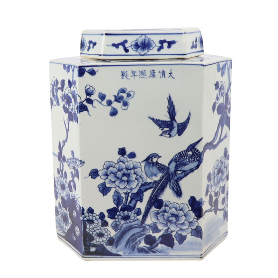Blue And White Flat Hex Bird Floral Jar (1304D)