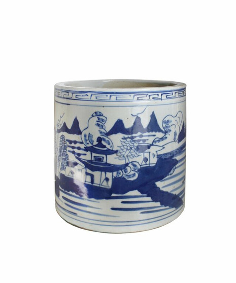 Blue And White Orchid Pot Landscape With Greek Key Trim (1605F)
