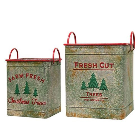 Set Of 2 - Fresh Cut Trees Square Metal Buckets GMBF3008