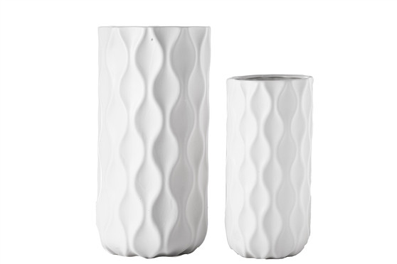 Ceramic Round Vase With Pressed Imperial Pattern Design Body Set Of Two Matte Finish White 11072