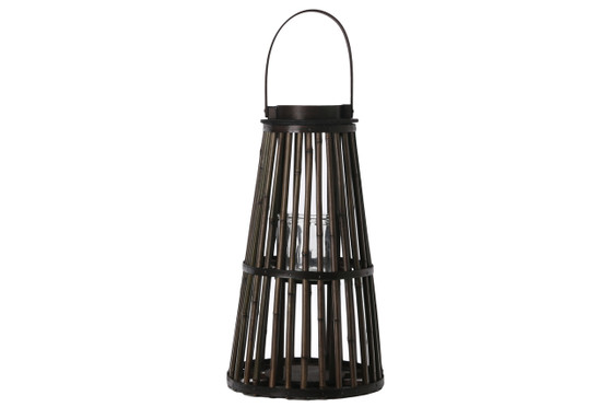 Bamboo Round Lantern With Top Handle, Black Rim Mouth, Hurricane Glass Candle Holder And Flared Bottom Lg Varnish Finish Dark Elm (Pack Of 2) 16503