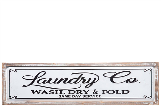 Metal Rectangle Wall Decor With Wooden Frame And Embossed Printed "Laundry Co" Painted Finish White (Pack Of 4) 17716