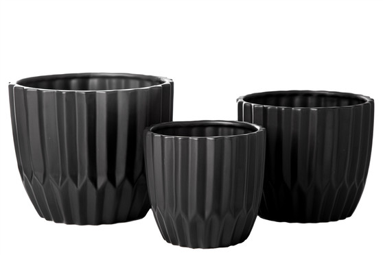 Ceramic Round Pot With Corrugated Spike Pattern Design Body And Tapered Bottom Set Of Three Matte Finish Black 18802