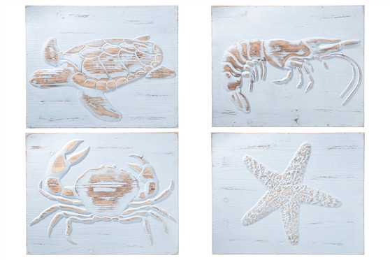 Wood Rectangle Wall Art With Golden "Ocean Animals" Design Assortment Of Four Distressed Finish Blue (Pack Of 4) 39347-AST