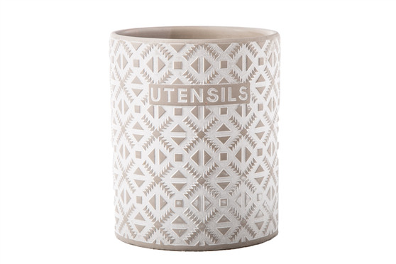 Ceramic Round Utensil Jar With Embossed Writing And Geometric Imperial Pattern Design Body Matte Finish Gray (Pack Of 4) 51939
