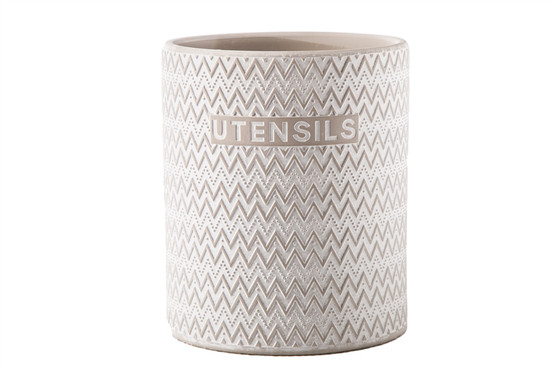 Ceramic Round Utensil Jar With Embossed Writing And Chevron Pattern Design Body Matte Finish Gray (Pack Of 4) 51943