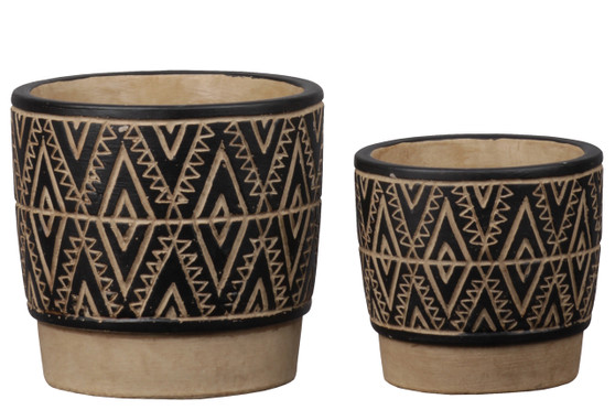 Ceramic Round Pot With Engraved Tribal Design Body And Banded Tan Base Set Of Two Painted Finish Charcoal 54920