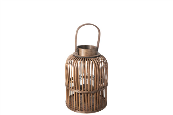 Bamboo Round Lantern With Top Handle, Vertical Lattice Design Body And Glass Candle Holder Sm Varnished Finish Brown (Pack Of 4) 55088