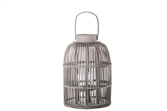 Bamboo Round Lantern With Top Handle, Vertical Lattice Design Body And Glass Candle Holder Md Washed Finish Gray (Pack Of 4) 55090