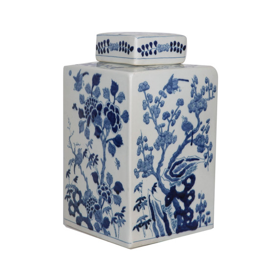 Blue And White Square Tea Jar Bird Floral Motif (1303D)