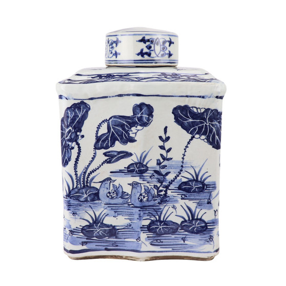 Blue And White Curved Tea Jar Lotus Motif (1304AC)