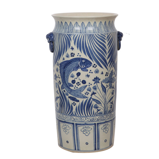 Blue & White Fish Lotus Umbrella Vase (1407A)