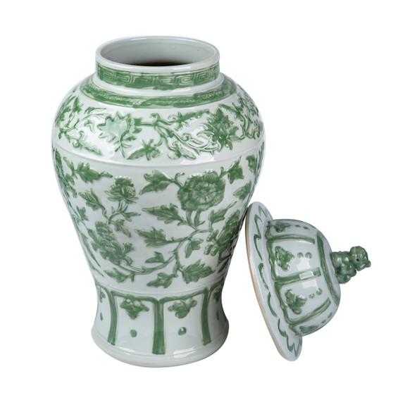 Celadon Green Carved Floral Temple Jar Lion Lid (1564C)