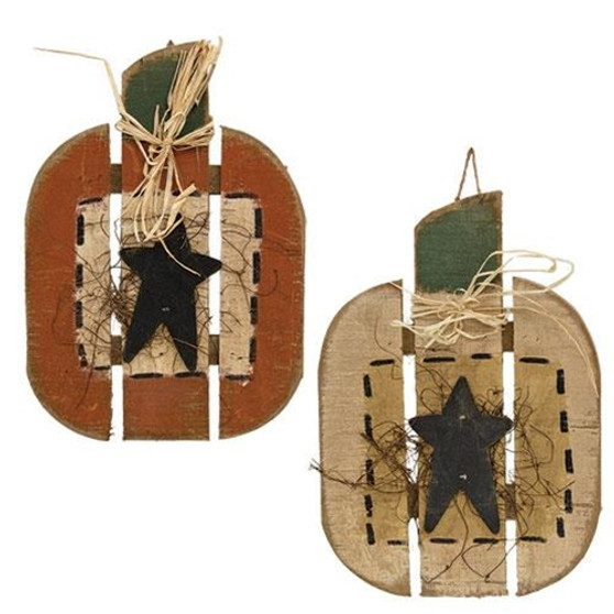 Rustic Wood Small Slat Pumpkin 2/Black Star 2 Asstd. (Pack Of 2) G22314 By CWI Gifts