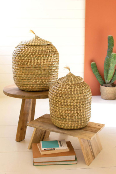 Set Of Two Oval Seagrass Baskets With Lids (A6356)