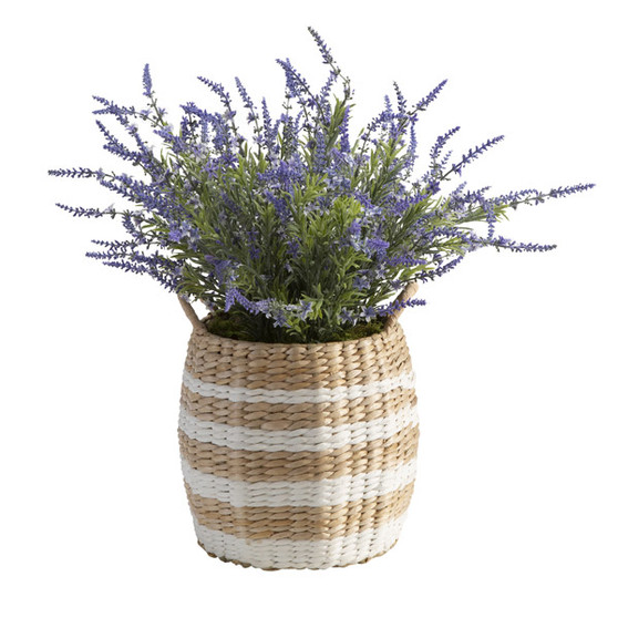 Lavender Bushes In Round Tan/White Basket (209004)
