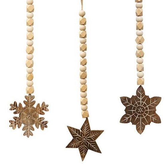 Natural Wood Beaded Snowflake Tassel Ornament 3 Asstd. (Pack Of 3) GSYA3015