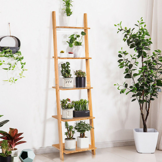 5-Tier Ladder Shelf Modern Bamboo Leaning Bookshelf Ladder Bookcase (JV10569)