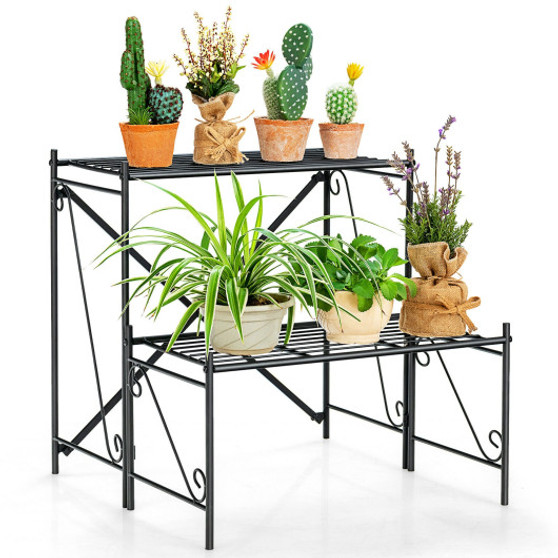 2-Tier Stair Style Metal Plant Stand For Indoor And Outdoor-Black (NP10283BK)