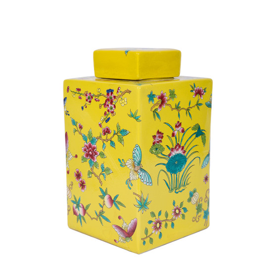 Yellow Square Tea Jar Lotus Motif (1466B)