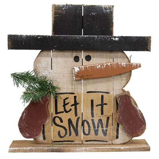 Rustic Wood Chubby "Let It Snow" Snowman On Base G22400 By CWI Gifts