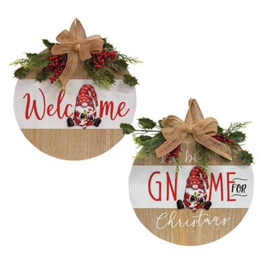 Welcome Gnome Christmas Round Wood Sign 2 Assorted (Pack Of 2) GSUNX2003