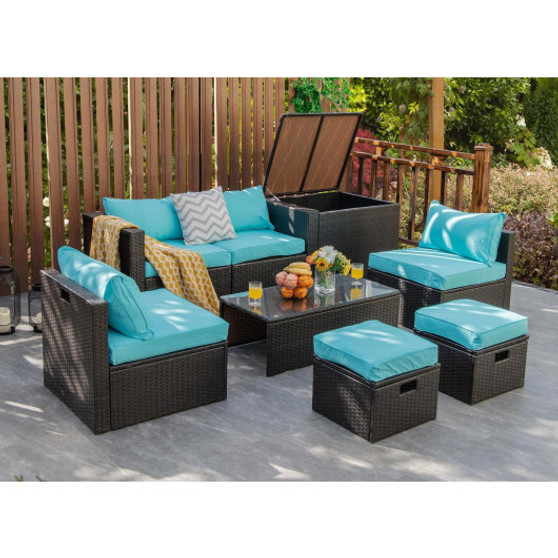 8 Pieces Patio Space-Saving Rattan Furniture Set With Storage Box And Waterproof Cover-Turquoise (HW68592TU+)