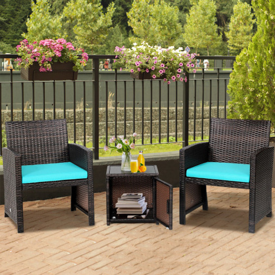 3 Pieces Patio Wicker Furniture Set With Storage Table And Protective Cover-Turquoise (HW69444TU)