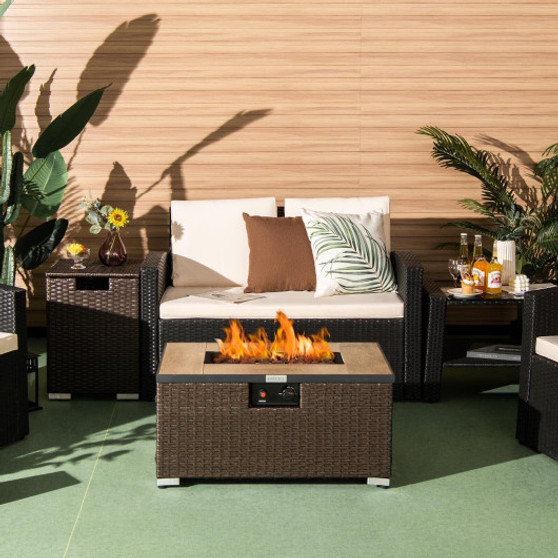 32 Inch X 20 Inch Propane Rattan Fire Pit Table Set With Side Table Tank And Cover-Coffee (NP10261CF)