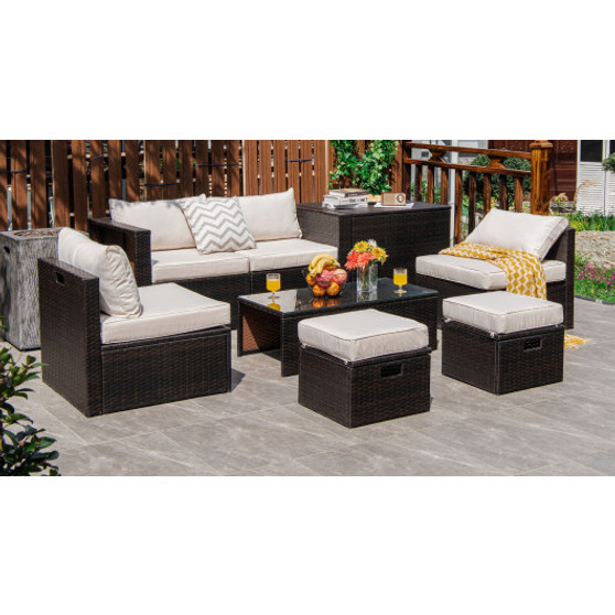 8 Pieces Patio Space-Saving Rattan Furniture Set With Storage Box And Waterproof Cover-White (HW68592WH+)