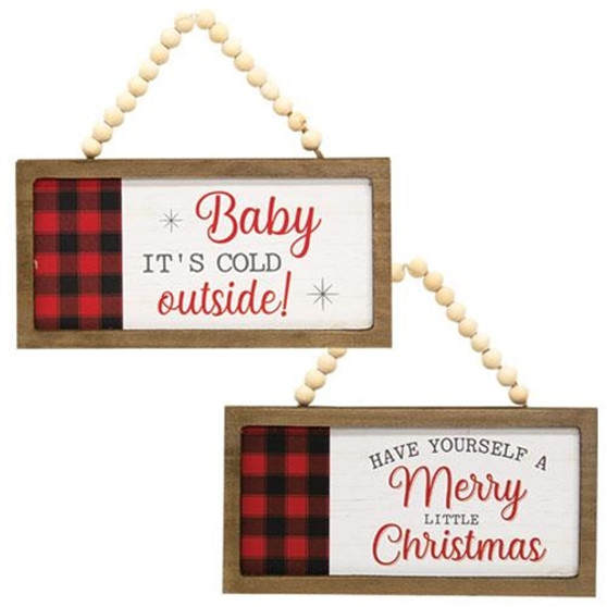 Merry & Bright/Baby It's Cold Buffalo Check Beaded Sign Ornament 2 Assorted (Pack Of 2) GNK21595
